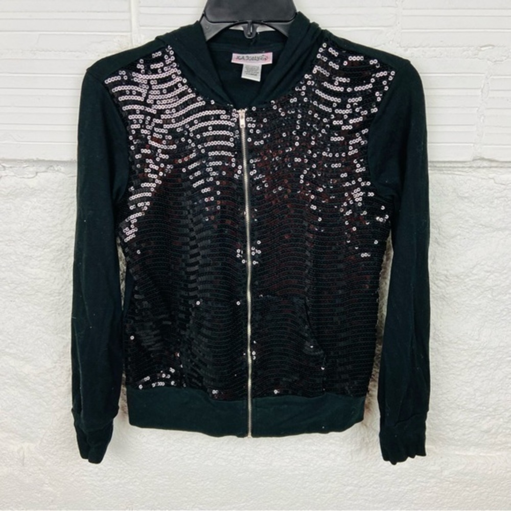 L.A. KITTY black shiny sequins full zip lightweight cotton jacket girls size XL